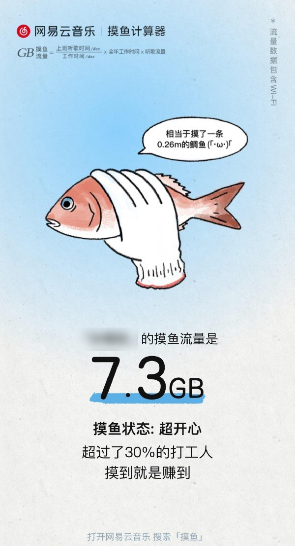 网易云音乐《摸鱼计算器》H5:快看你今年摸了多大一条鱼?